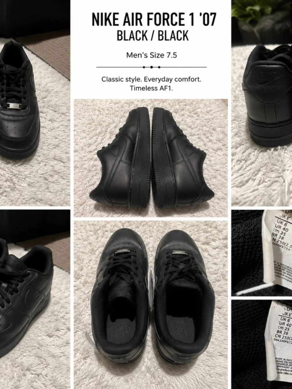 Nike Air Force 1 '07 Triple Black Sneakers Men's Size 7.5 EUC - Picture 5 of 5